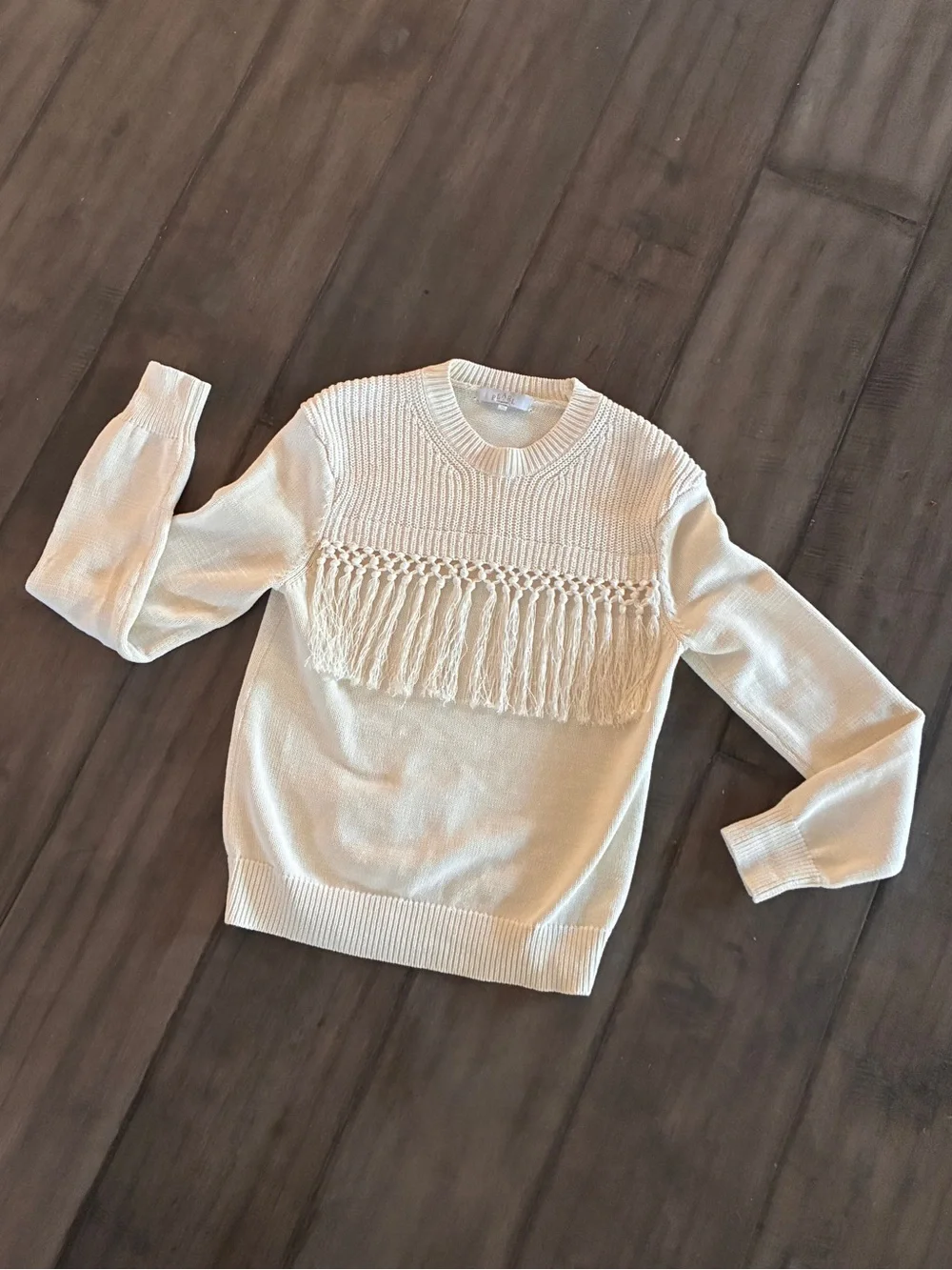 Pearl by Lela Rose Cream Fringe Macrame Knit Sweater - Size XS
